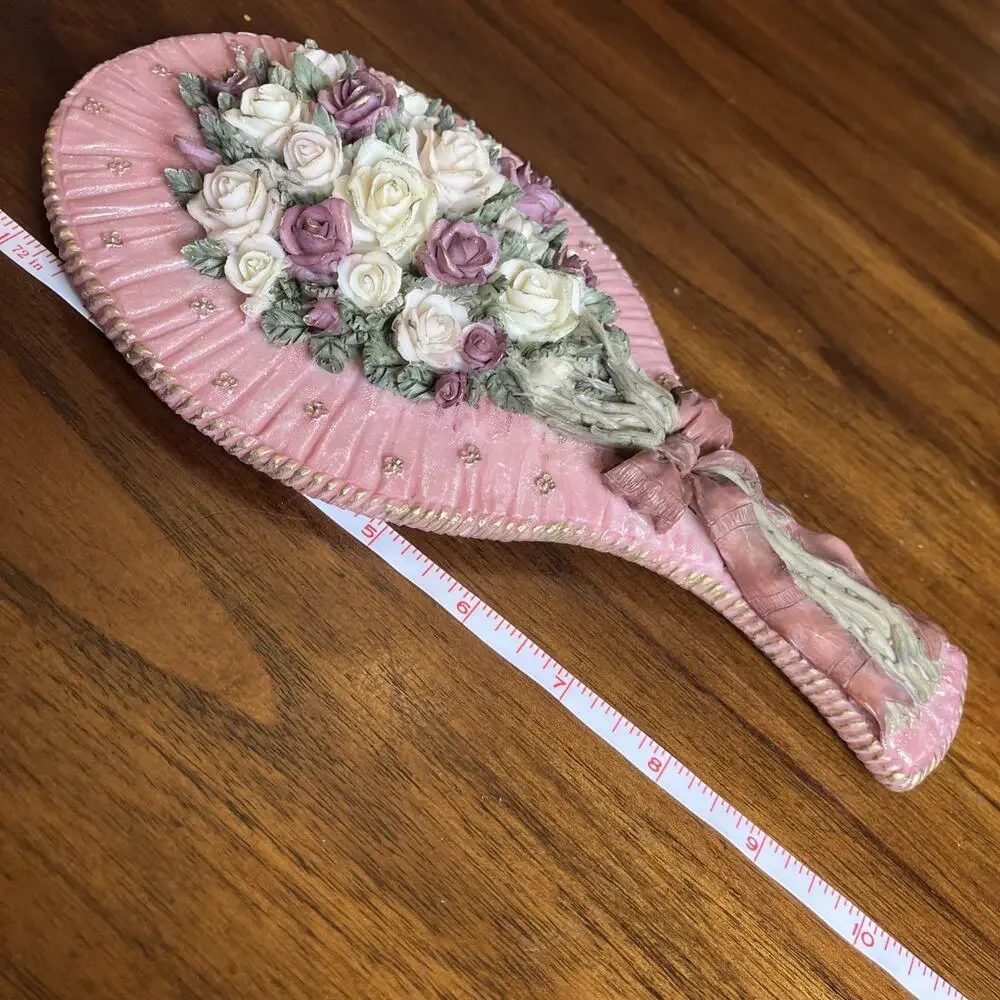 Ornate Pink Floral Handheld Vanity Mirror W/ Roses & Bow, Cottage Glam Whimsy